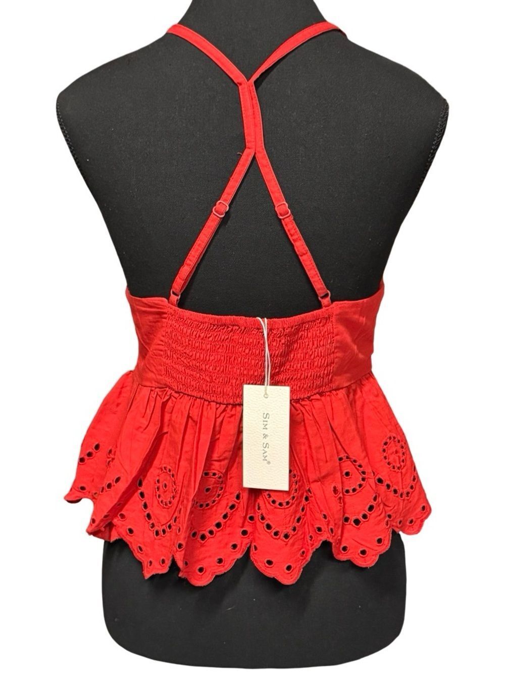 NWT Top – Size Medium Sim & Sam Red Eyelet Peplum Halter Top - Picture 2 of 5
